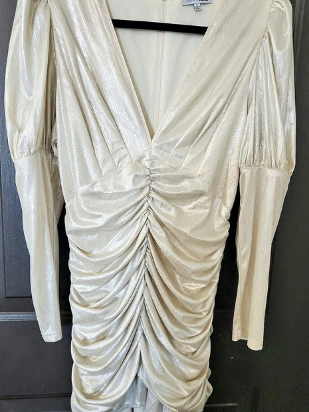 Fashion Nova Champagne Metallic Puff Long Sleeve Ruffle Hem Ruched Dress Mini